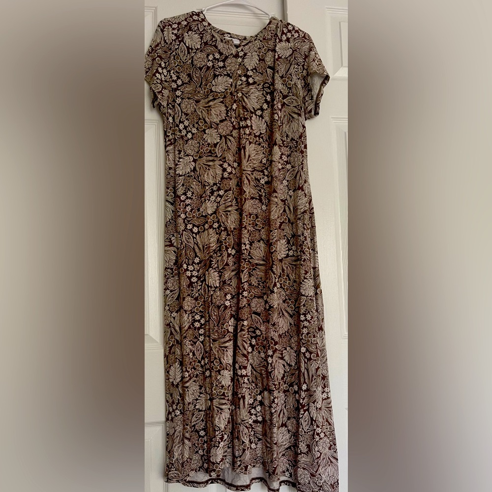 J Jill Brown Floral Maxi Dress Size medium petite Cottagecore Leaf Print FALL